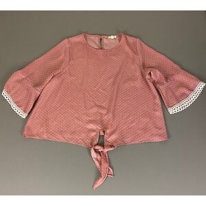 Emi & Joe  Blouse Top‎ Plus Size 2X Pink Polka Dot Tie Off Bell Sleeve Peasant